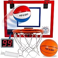 Pop-A-Shot Super Slam Indoor Mini Basketball Hoop for Door | 2 Included Basketballs and Pump | Breakaway Rim Built for Dunks | LED Scoreboard, Audio Commentary, and Dunk Sensor | 17x12.5 Inches