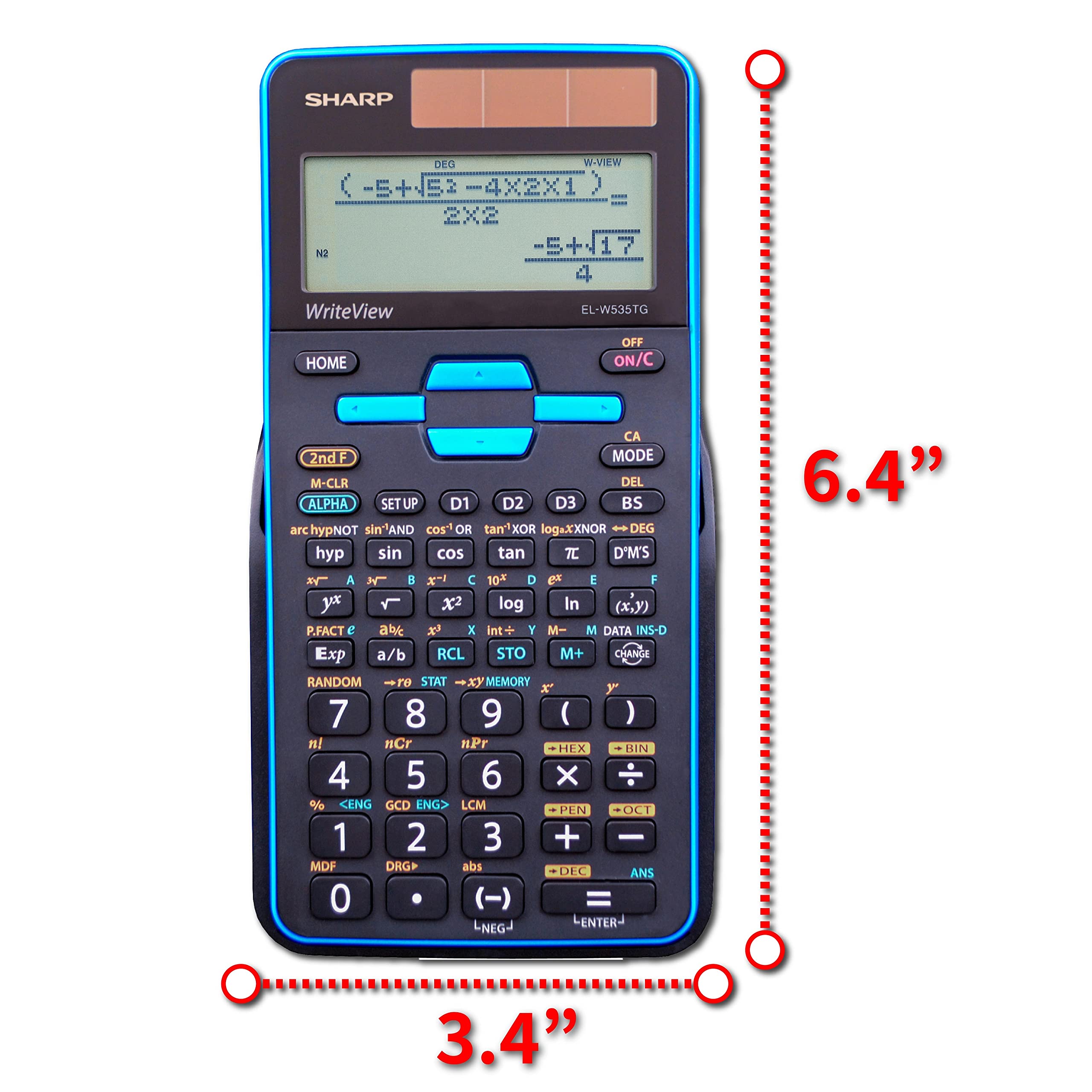 Sharp Calculators EL-W535TGBBL 16-Digit Scientific Calculator with WriteView, 4 Line Display, Battery and Solar Hybrid Powered LCD Display, Black & Blue, Black, Blue, 6.4