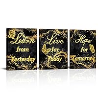 LevvArts Motivational Quotes Canvas Wall Art Learn from Yesterday Live for Today Hope for Tomorrow Inspirational Positive Sign Poster Framed Artwork Modern Black and Gold Home Decor (Black)