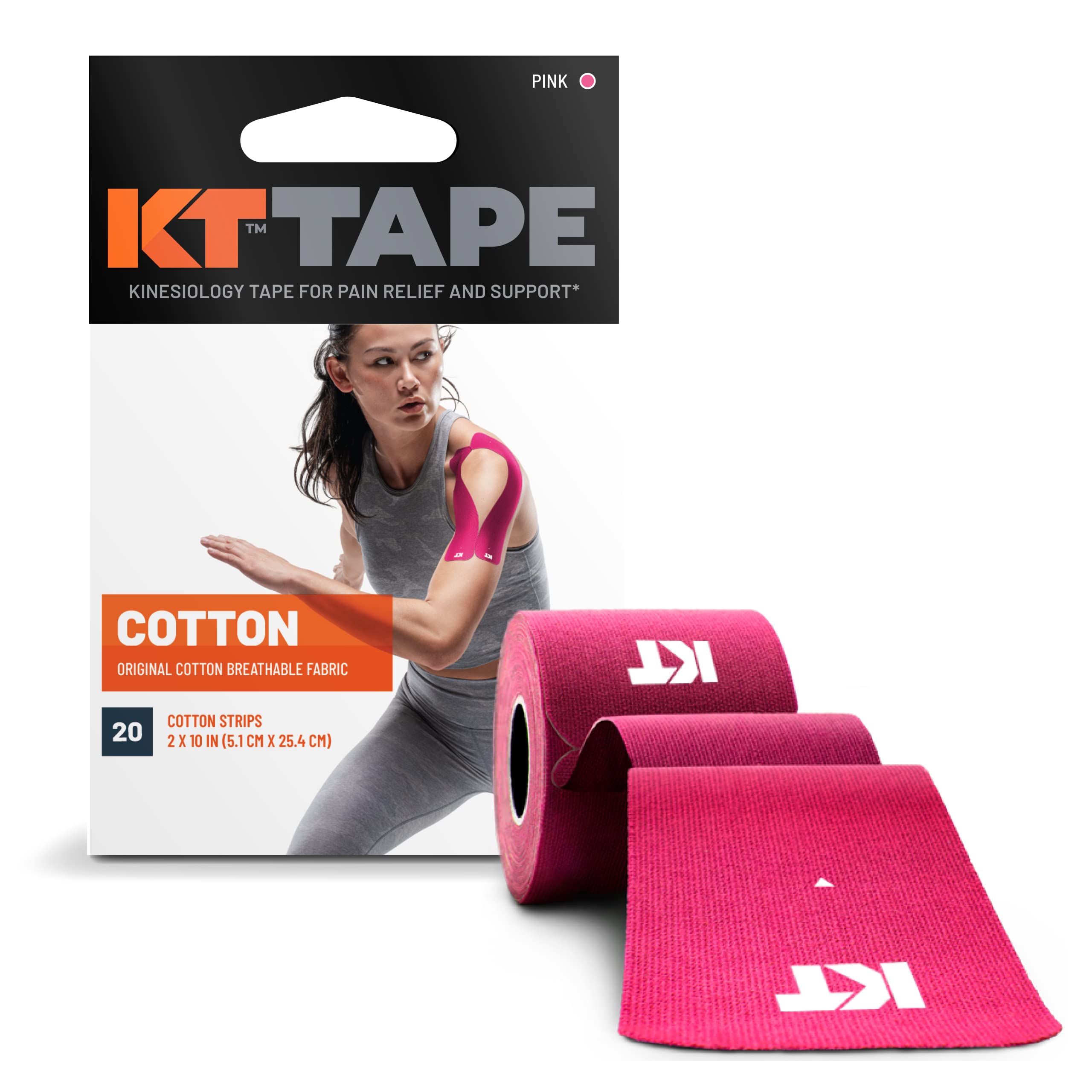 KT Tape, Original Cotton, Elastic Kinesiology Athletic Tape, 20 Count, 10” Precut Strips, Pink, 20 Precut Strips