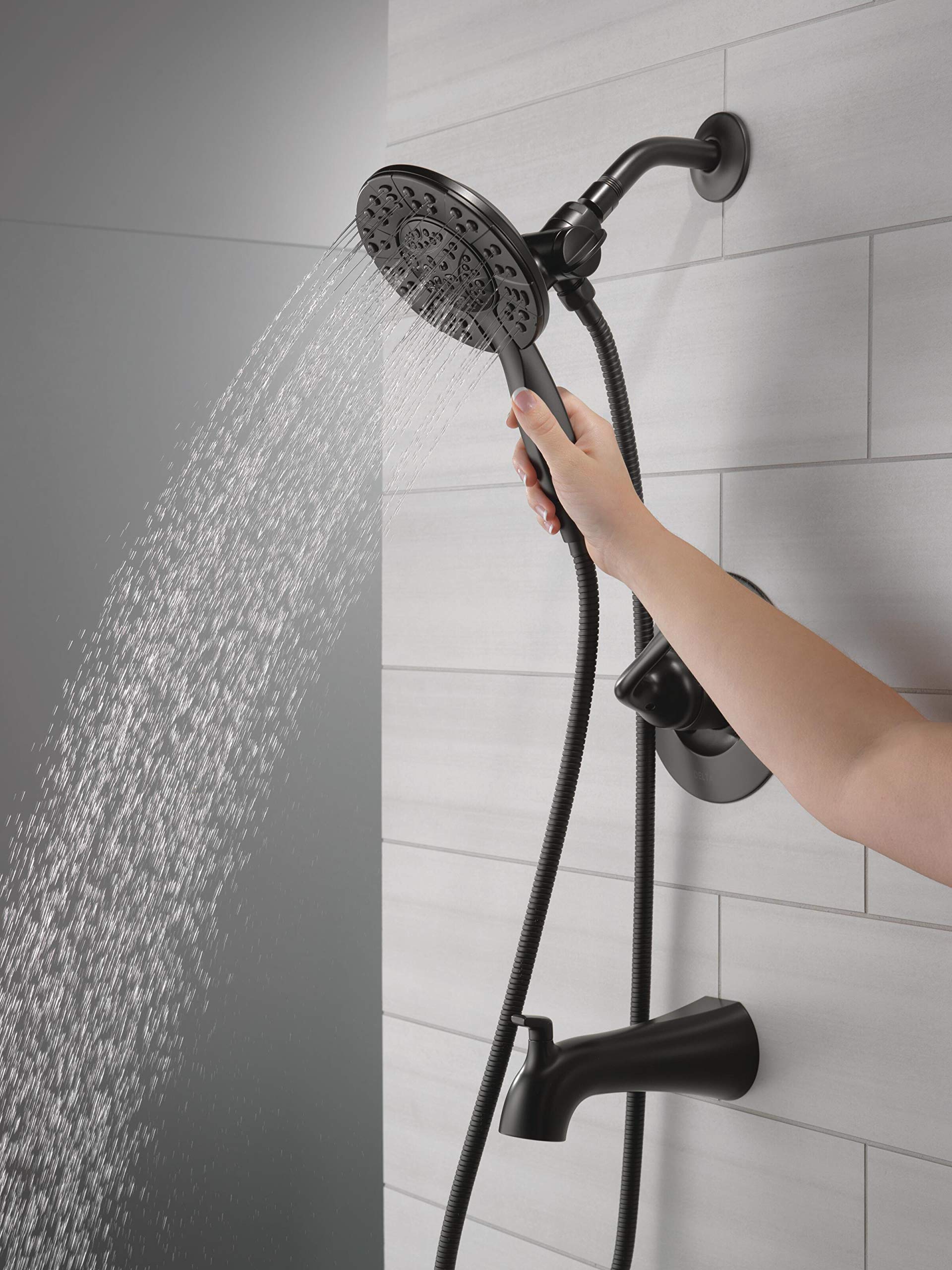 Delta Faucet Arvo 14 Series Single-Handle Tub and Shower Trim Kit, Shower Faucet with 4-Spray In2ition 2-in-1 Dual Hand Held Shower Head with Hose, Matte Black 144840-BL-I (Valve Included)