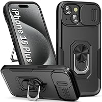 Case for iPhone 15 Plus Phone Case iPhone 15 Plus Case with Slide Camera Cover, with Finger Ring Holder Stand, fit Magnetic Car Mount, for iPhone 15 Plus - Black