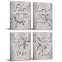 iKNOW FOTO 4 Piece Insect Painting Dragonfly Canvas Wall Art Prints Faith Love Hope Family Quote Decor Sign Framed Artwork Rustic Inspirational Quotes Canvas Prints Each 12x16inch