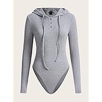 Jumpsuit for Women Ribbed Knit Drawstring Hooded Bodysuit Jumpsuit (Color : Light Grey, Size : X-Small)