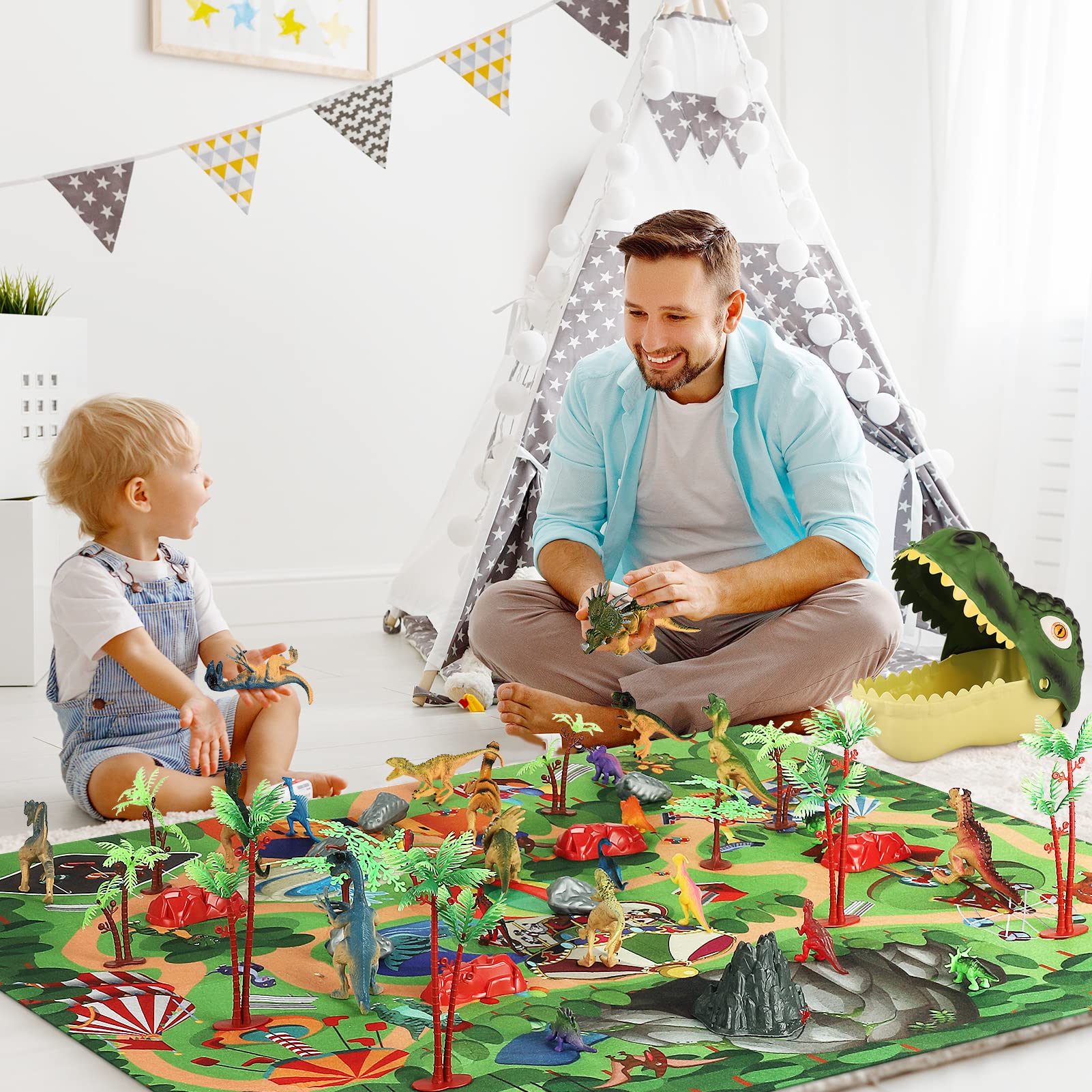 burgkidz Dinosaur Toys Figure Playset with Activity Playmat, 20 Realistic Dinosaur Figures Trees Rocks Volcano with T-Rex Head Storage Box, Dino Figure Toy Gift Kit for Kids Boys 3-5