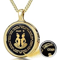 Gemini Necklace Zodiac Pendant for Birthdays 21st May to 21st June with Star Sign and Personality Characteristics Inscribed in 24k Gold on Round Black Onyx Gemstone, 18
