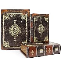 Jolitac Decorative Book Boxes World Map Pattern Antique Book Invisible box with Magnetic cover, Faux Wood Set of 3 Storage Set (Dark Vintage)