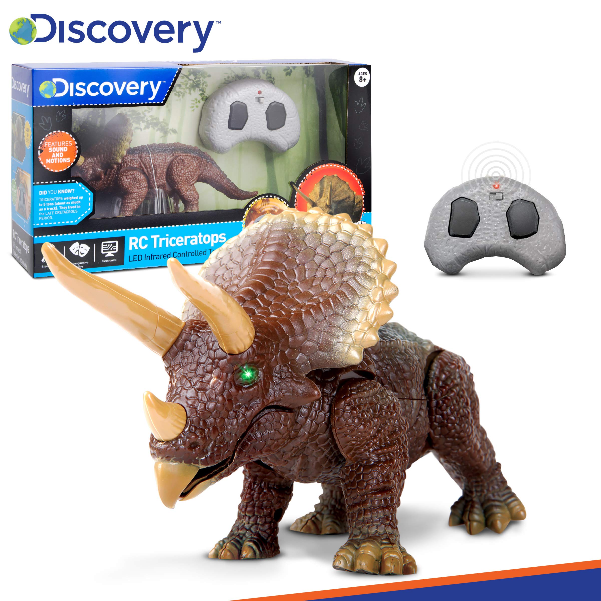 Discovery Kids RC Triceratops, LED Infrared Remote Control Dinosaur, Built-in Speakers W/Digital Sound Effects, 8.75