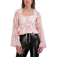 BCBGeneration Women's Fitted Long Bell Sleeve Peplum Top Square Neck Smocked Back Ruched Bust Adjustable Tie Shirt