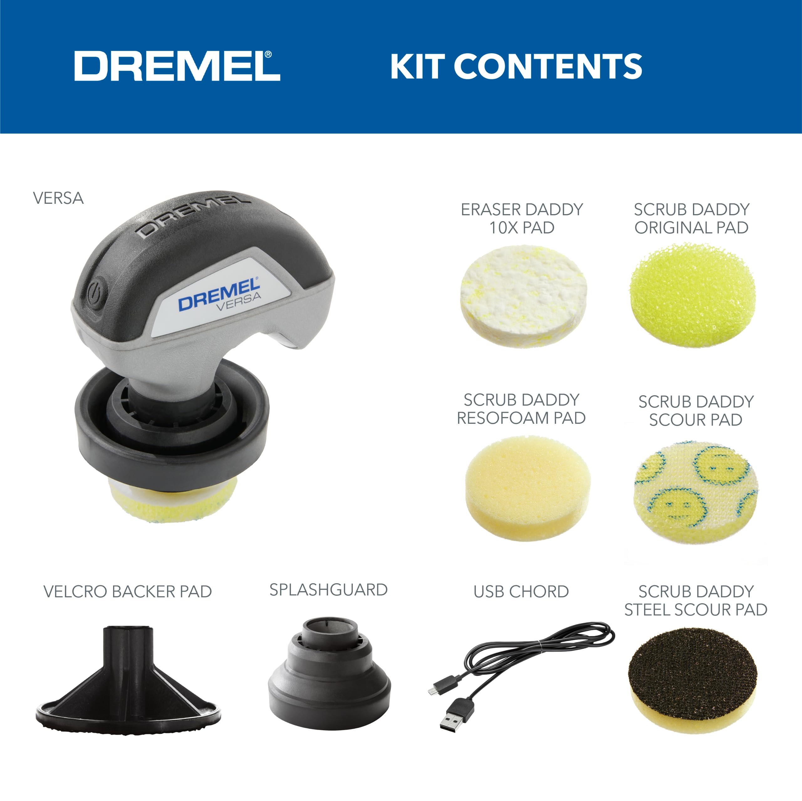 Dremel Versa Power Scrubber Kit with 5 Scrub Daddy Cleaning Sponge Pads – Waterproof Cordless Electric Spin Scrubber, High Speed, Multi-Surface Cleaning for Kitchen, Household, and Bathroom, PC10-07