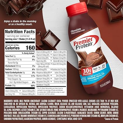 Premier Protein Shake, Chocolate, 30g Protein 1g Sugar 24 Vitamins Minerals Nutrients to Support Immune Health, 11.5 fl oz (Pack of 12)