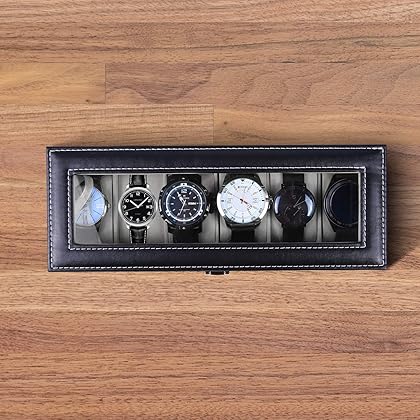 Ohuhu Watch Box Organizer for Men, Watch Case 6 Slot PU Leather Watch Holder Real Glass Lid Jewelry Organizer Storage Soft velvet Watch Display Case for Men and Women Perfect Birthday Gifts