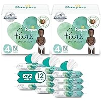Pampers Pure Protection Disposable Baby Diapers Size 4, 2 Month Supply (2 x 150 Count) with Aqua Pure Sensitive Baby Wipes, 12X Pop-Top Packs (672 Count)