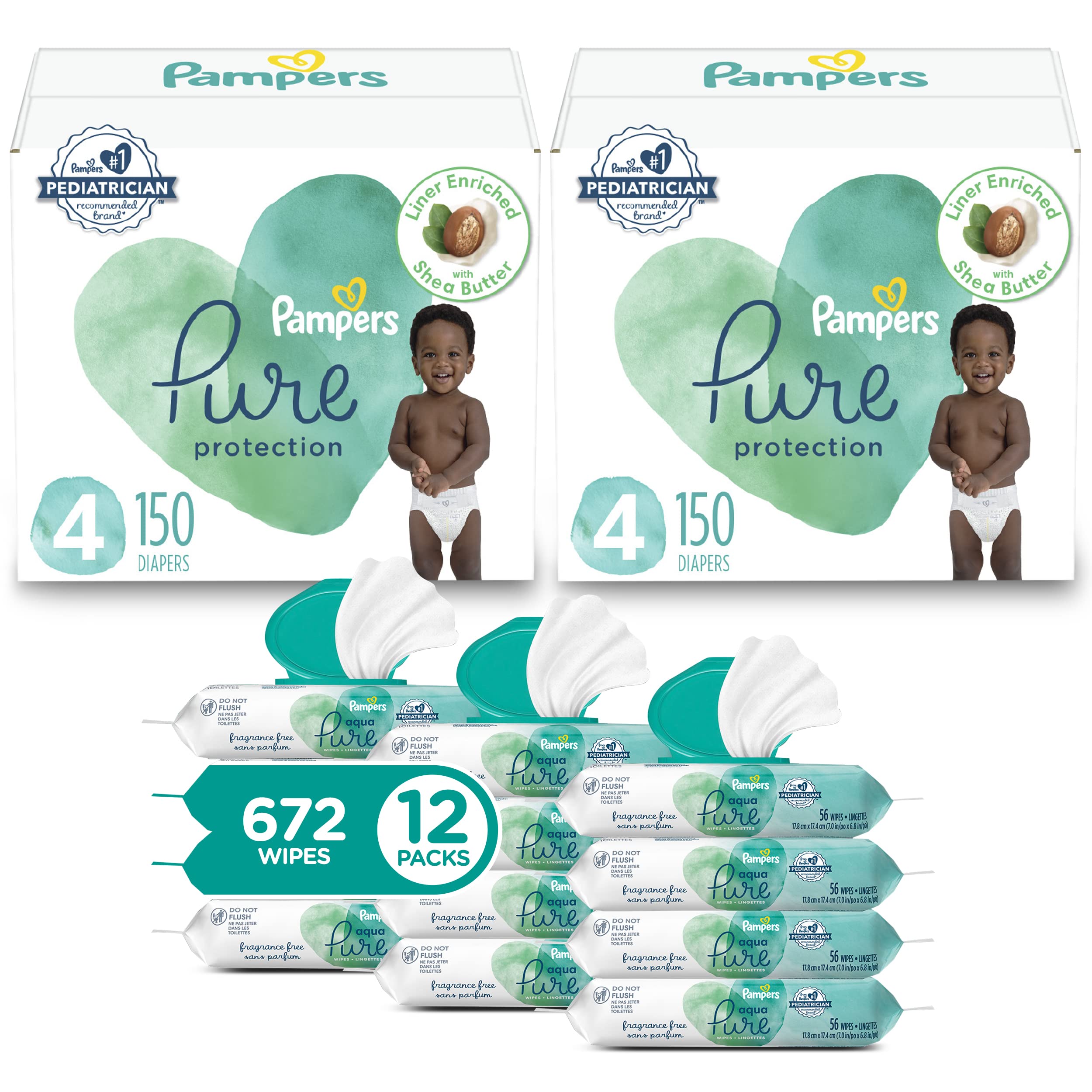 Pampers Pure Protection Disposable Baby Diapers Size 4, 2 Month Supply (2 x 150 Count) with Aqua Pure Sensitive Baby Wipes, 12X Pop-Top Packs (672 Count)