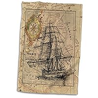 3D Rose Image of Black Ghost Ship On Vintage European Map Hand Towel, 15