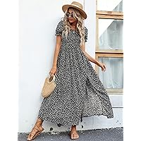 Summer Dresses for Women 2022 Puff Sleeve Shirred Bodice Ditsy Floral Split Thigh Dress Dresses for Women (Color : Black and White, Size : X-Small)
