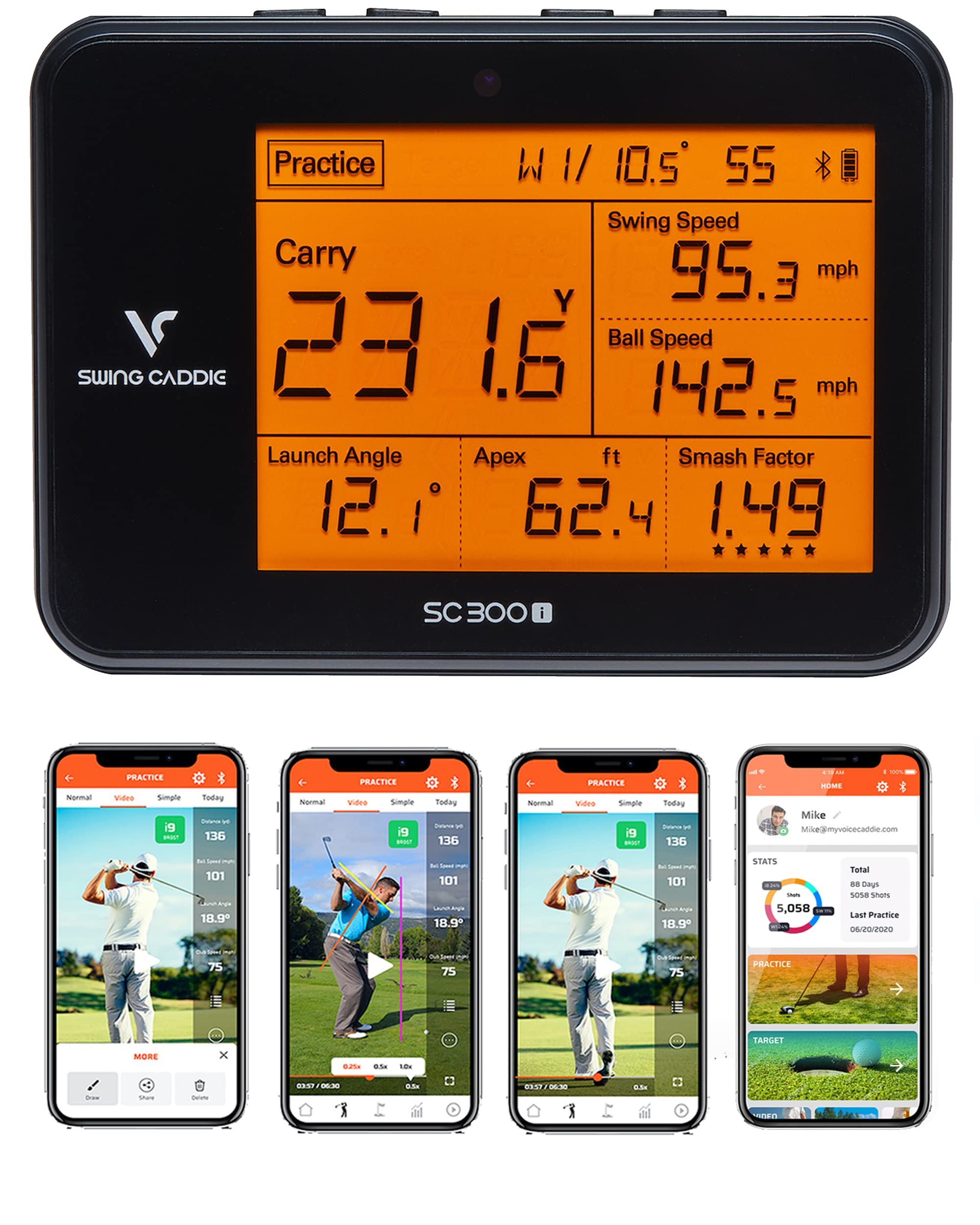 PlayBetter Swing Caddie SC300i Golf Launch Monitor by Voice Caddie | Official Accessories Bundles | Choose from Protective Case, Charger, Gift | Carry/Total Distance, Smash Factor, Ball Speed