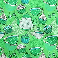 Cotton Cambric Light Green Fabric Tea Party Kettle Sewing Material Print Fabric by The Yard 56 Inch Wide