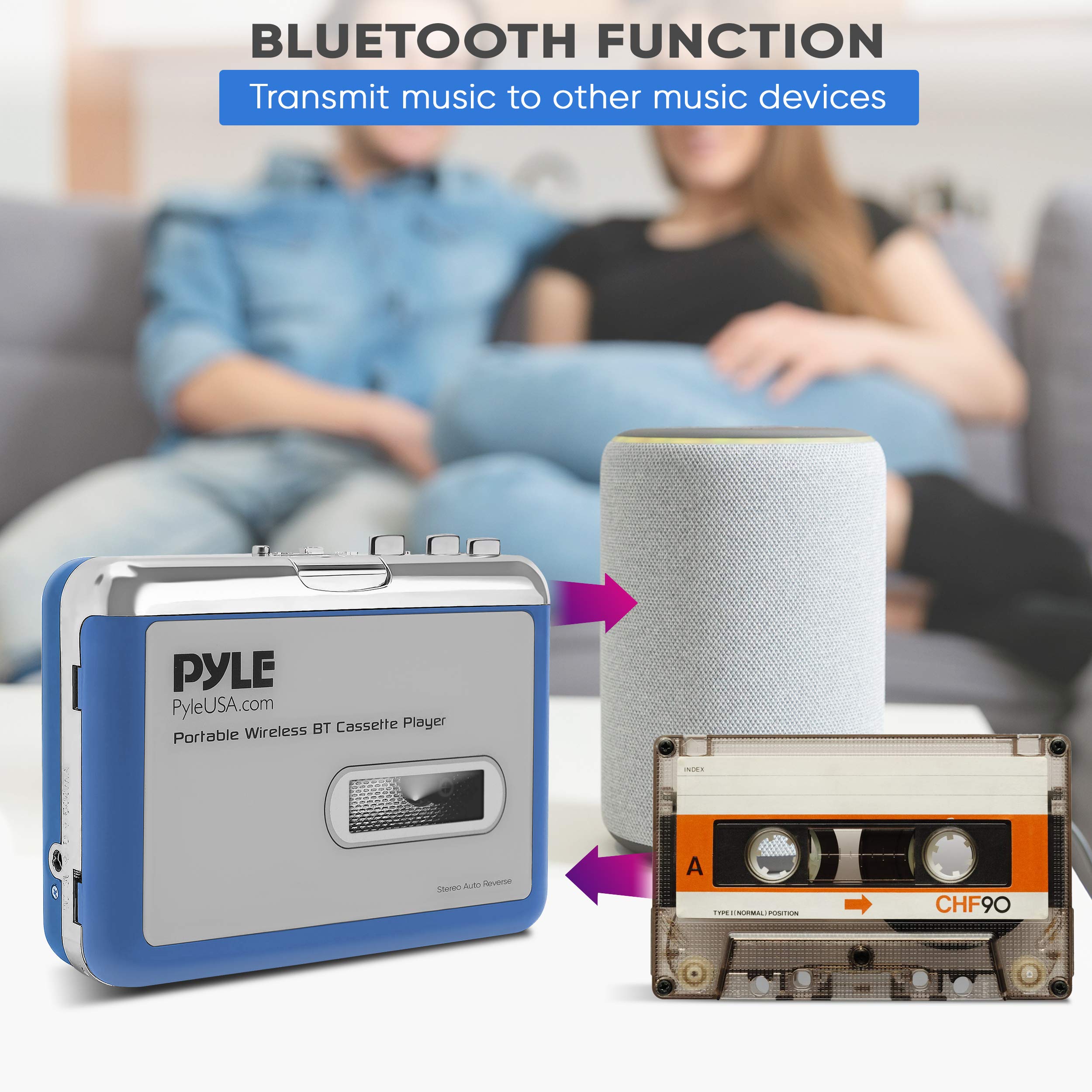 Pyle Portable Wireless BT Cassette Player - Lid Switcher, AUX Port w/LED Indicator, Auto Reverse Function, USB Cable for Power Supply, 3.5mm Earphone Jack & Bluetooth Transmitter - Pyle PCASRSD18BT