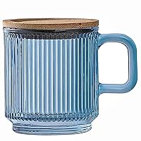 Lysenn Glass Coffee Mug with Lid - Premium Classical Vertical Stripes Glass Tea Cup - for Latte, Tea, Chocolate, Juice, Water - Lead-Free - Bamboo Lid - Sky Blue