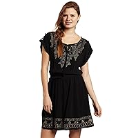 As U Wish Juniors Embroidered Dress With Tie Belt, Black, Small