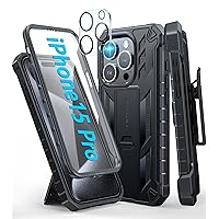 FNTCASE for iPhone 15 Pro Case: with Belt-Clip Holster & Built-in Screen Protector & Kickstand, Full-Body Dual Layer Heavy Duty Rugged Military Shockproof Protective Cell Phone Cover 6.1 inch-Black