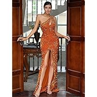 Dresses for Women Women's Dress One Shoulder Cut-Out Split Thigh Sequin Formal Dress Dresses (Color : Burnt Orange, Size : X-Large)