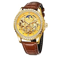 FORSINING Mens Mechanical Retro Tourbillon Moon Phase Watch Gold Brown Strap, Gold and Brown, Strap.