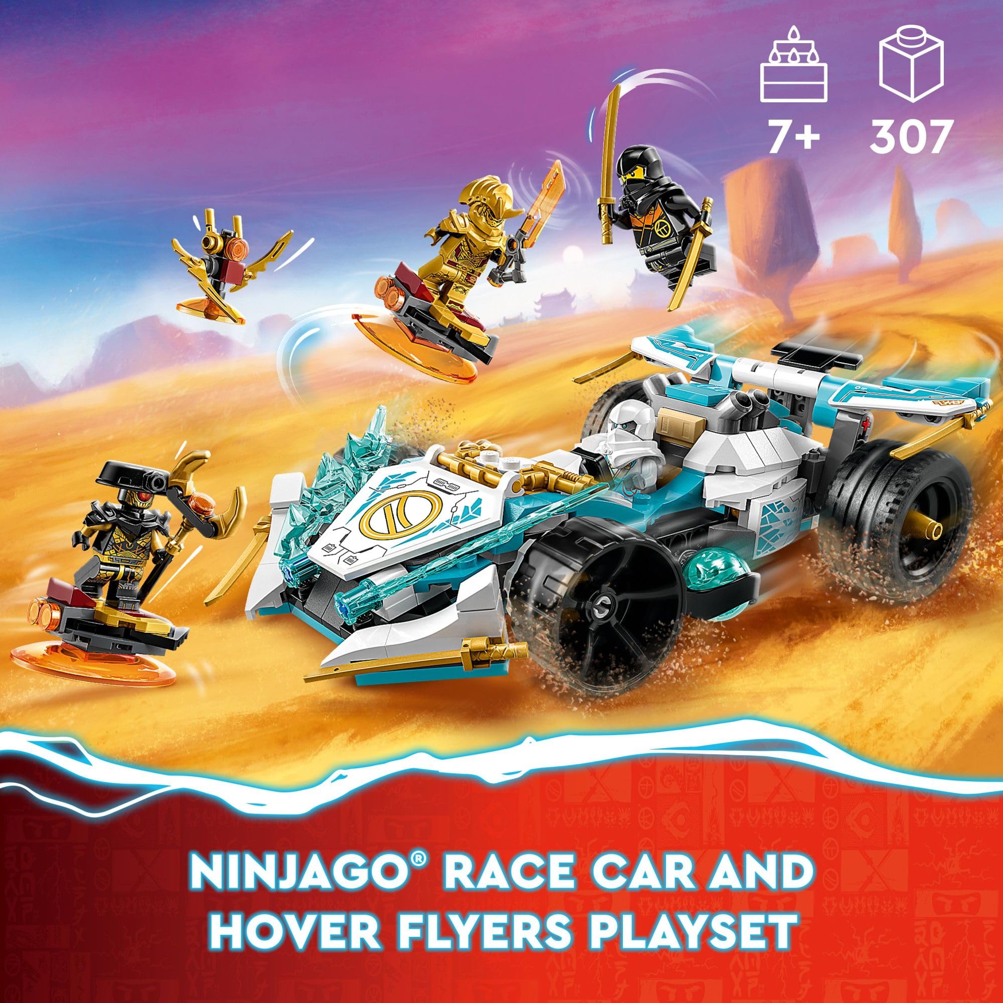 LEGO NINJAGO Zane’s Dragon Power Spinjitzu Race Car 71791 Building Toy Set, Features a Ninja Car, 2 Hover Flyers, Dragon Toy, and 4 Minifigures, Gift for Kids Aged 7+