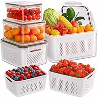 5-Pack Fruit Storage Containers for Fridge with Removable Colanders, 4 in 1 Produce Storage Containers with Lid for Salad Berry Lettuce Vegetables Meat Keeper(140oz,106oz,57oz,27oz,12oz)