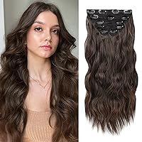 WECAN Clip In Long Wavy Synthetic Hair Extension 20 Inch 6pcs Black To Brown Thick Hairpieces Fiber Double Weft Hair For Women