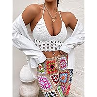 Women's Knitted Tops -Shrugs Openwork Backless Crochet Halter Knit Top Knitted Tops (Color : White, Size : Large)