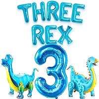 Blue Dinosaur Balloons and Number 3 Balloon Set - Huge Pack of 11 | Foil Dino Balloons for Dinosaur Party Decorations | Big 3 Balloon Number, Three Rex Birthday Party Decorations | Three Rex Balloons