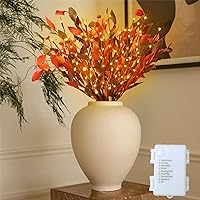 Fall Decor for Indoor Outdoor, Autumn Artificial Orange Flowers Leaves Pumpkins with Lighted Branches Lights with Timer, Battery Operated, Fairy Twig Tree for Vase Thanksgiving Halloween Party Wedding