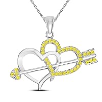 Valentine Day Special 14k White Gold Plated Alloy 0.15 Ct Yellow Sapphire Double Heart with Arrow Pendant Necklace with 18'' Chain
