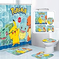4 Pcs Cartoon Shower Curtain Sets with Non-Slip Rug,Toilet Lid Cover and Absorbent Carpet Bath Mat,Durable Waterproof Shower Curtain with 12 Hooks for Bathroom 70.8