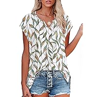 OFEEFAN Women's Cap Sleeve Shirts Casual Summer V Neck Tunic Tops Loose Tshirts Side Slit S-3XL