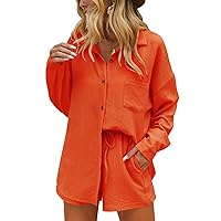 Ekouaer Two Piece Sets for Women Long Sleeve Lounge Set Button Down Shirts and Casual Shorts with Pockets Tracksuit