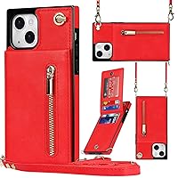 XYX Wallet Case for iPhone 14, Crossbody Strap PU Leather Zipper Pocket Phone Case Women Girl with Card Holder Adjustable Lanyard for iPhone 14, Red