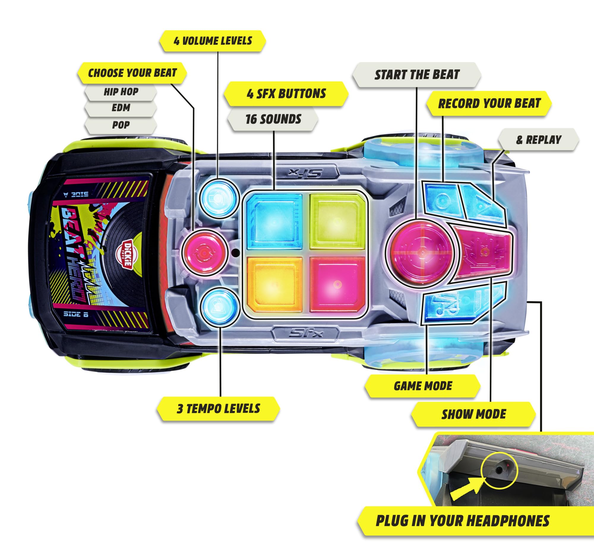 Dickie Toys - Beat Hero 203767001 +3 Years Car with Music Console, 22 Sounds, LED Lights, 3 Game Modes, Streat n Beatz