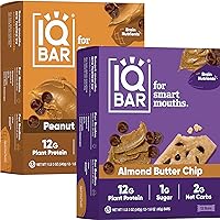 IQBAR Brain and Body Keto Protein Bars - Peanut Butter Chip and Almond Butter Chip - 12 Count Energy Bars - Low Carb Protein Bars - High Fiber Vegan Bars Low Sugar Meal Replacement Bars