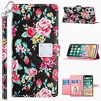 Multi-Function PU Leather Flip Wallet Cover for iPhone 15 - Stylish Black Roses Wallet with Card Slots, RFID Protection, Wrist Strap & Foldable Stand Feature