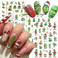 6 Sheets Christmas Nail Art Stickers Green Monster Nail Decals 3D Self-Adhesive Snowflake Cute Cartoon Nail Design Decals Winterxmas Nail Supplies for Women Manicure Holiday Decorations Charms
