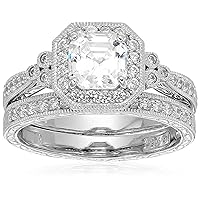 Platinum or Gold Plated Sterling Silver Antique Ring set with Asscher-Cut Infinite Elements Cubic Zirconia (previously Amazon Collection)