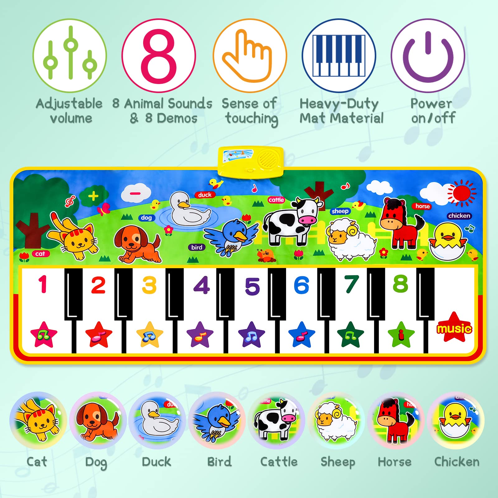 M SANMERSEN Piano Mat, 53'' x 23'' Musical Toys for Toddlers Floor Piano Touch Playmat with 8 Animal Sounds, Music Piano Keyboard Dance Mat Early Educational Toys Gift for Boys Girls Kids Ages 1-5