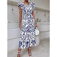 Dresses for Women - Geo and Plants Print Flutter Sleeve Ruffle Hem Belted Dress (Color : Blue and White, Size : X-Large)