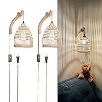 Frideko Wicker Wall Sconces Set of Two Plug in, Rattan Wall Lamp with Plug in Cord, Farmhouse Wall Light Fixtures with 9.84FT On/Off Switch Cord, Boho Sconces Wall Lighting for Bedroom Living Room