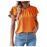 2023 Summer Flowy Ruffle Short Sleeve Shirts for Women Loose Fit Eyelet T Shirt Tunic Blouse Hollow Out Dressy Work Tops