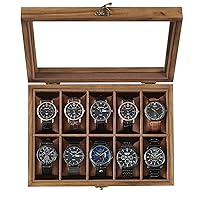 SONGMICS Watch Box, Christmas Gifts, 10-Slot Watch Case, Solid Wood Watch Box Organizer with Large Glass Lid, Watch Display Case with Removable Pillows, Gift for Loved Ones, Rustic Walnut UJOW100K01