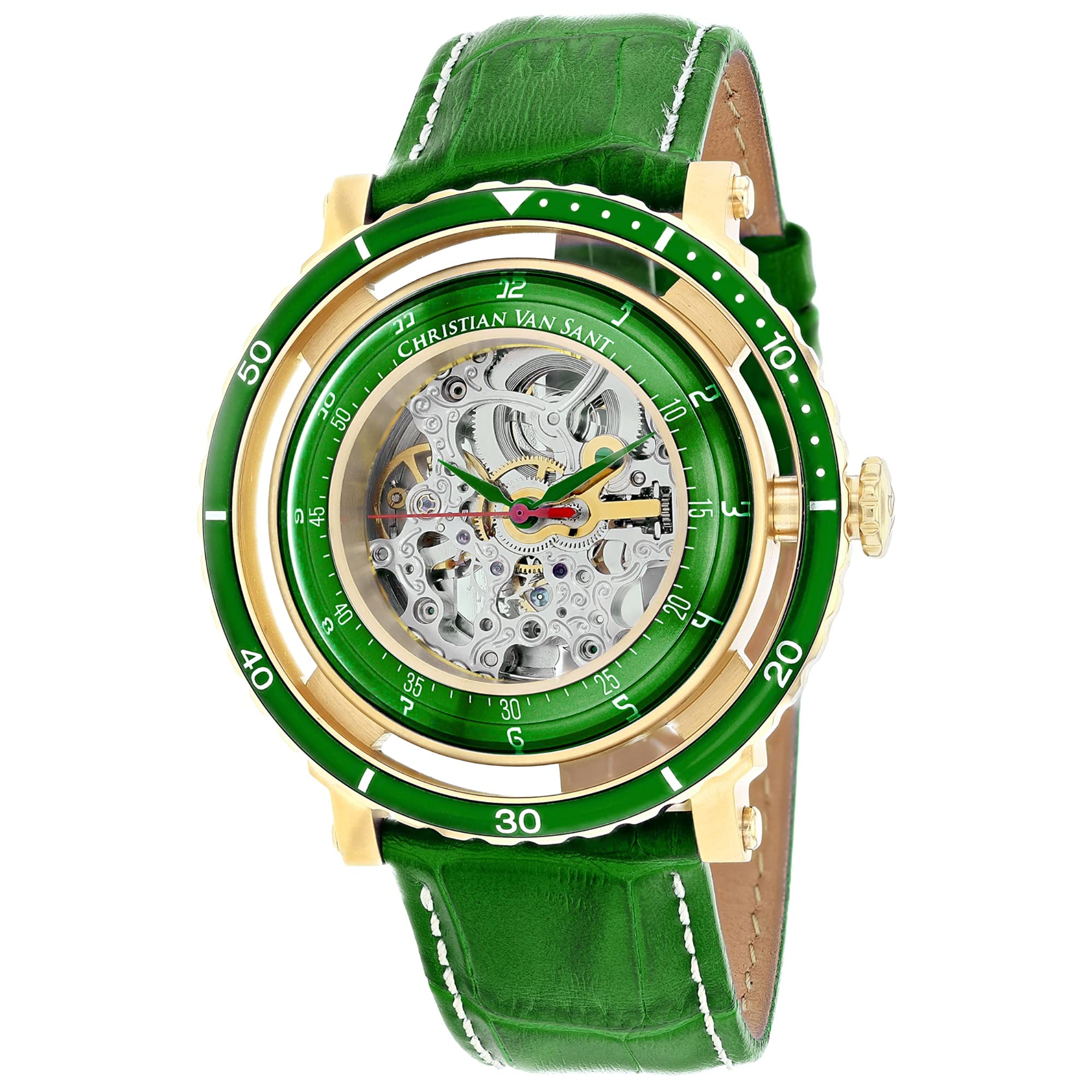 Christian Van Sant Men's Dome Stainless Steel Automatic Watch with Leather Strap, Green, 21 (Model: CV0751)